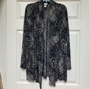 Chico's Animal Print Open Front Cardigan Duster Gray Black Lightweight 2 Large